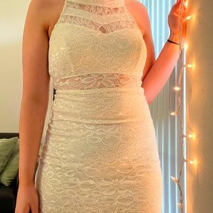 white halter neck body-con dress with lace